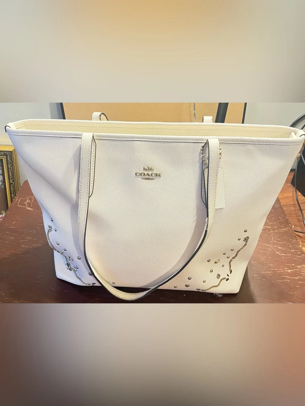 Coach Cream Leather Tote with Stud Embellishments